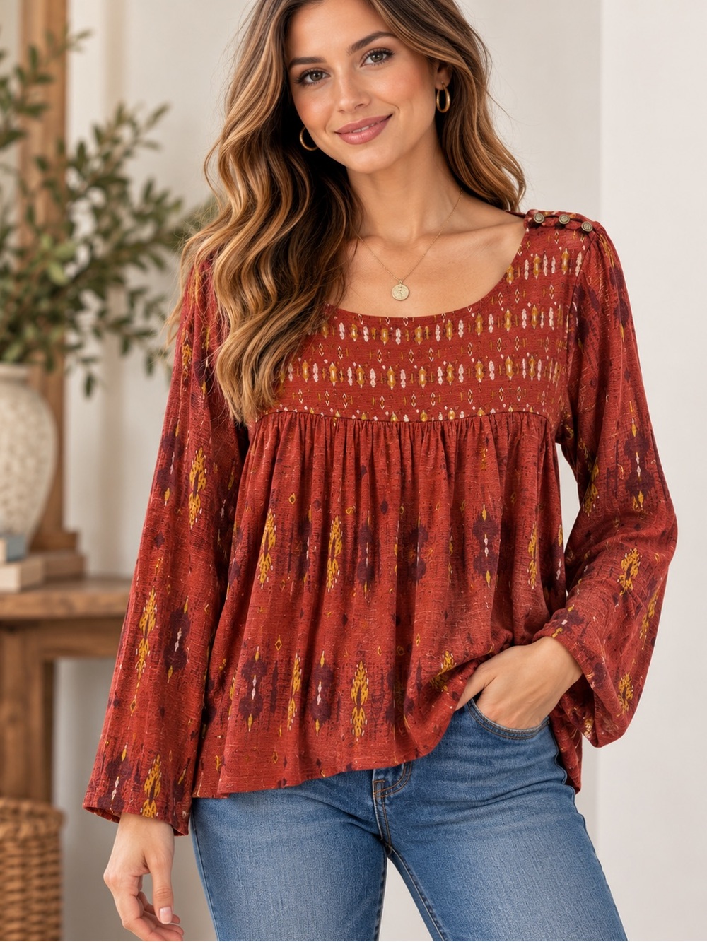 Lucky Brand Small Rust Red Ikat Boho Babydoll Tunic Top Button Shoulder